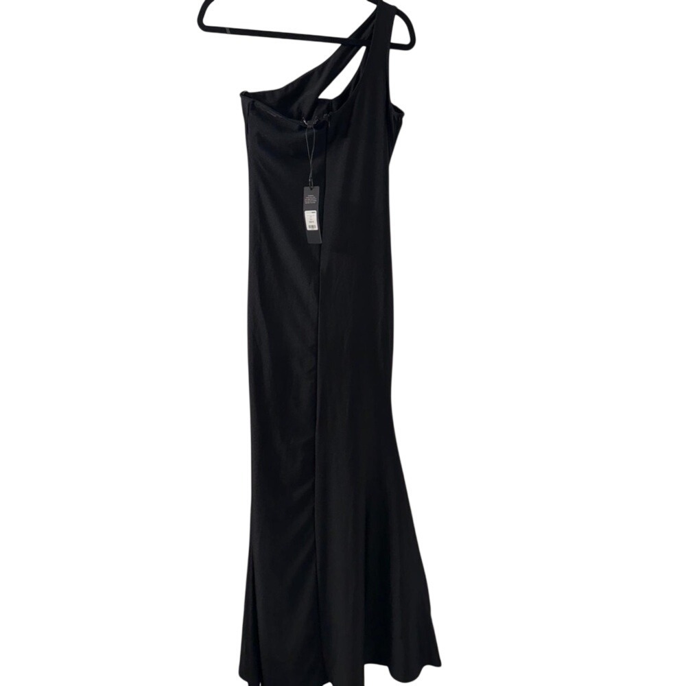 NWT Fashion Nova M Black One Shoulder Maxi Gown Ruched Prom Dress Trumpet Slit‎